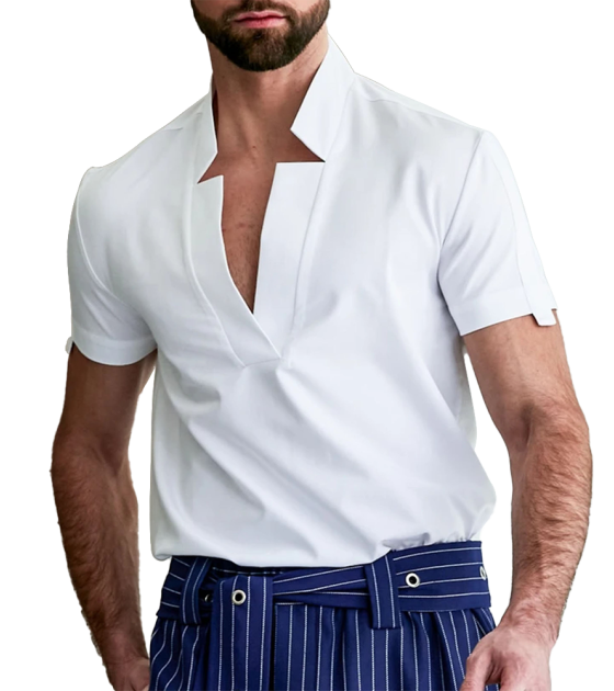 男缺口V领驳领无扣短袖衬衫LTM100625 - 竹节麻-120g/S